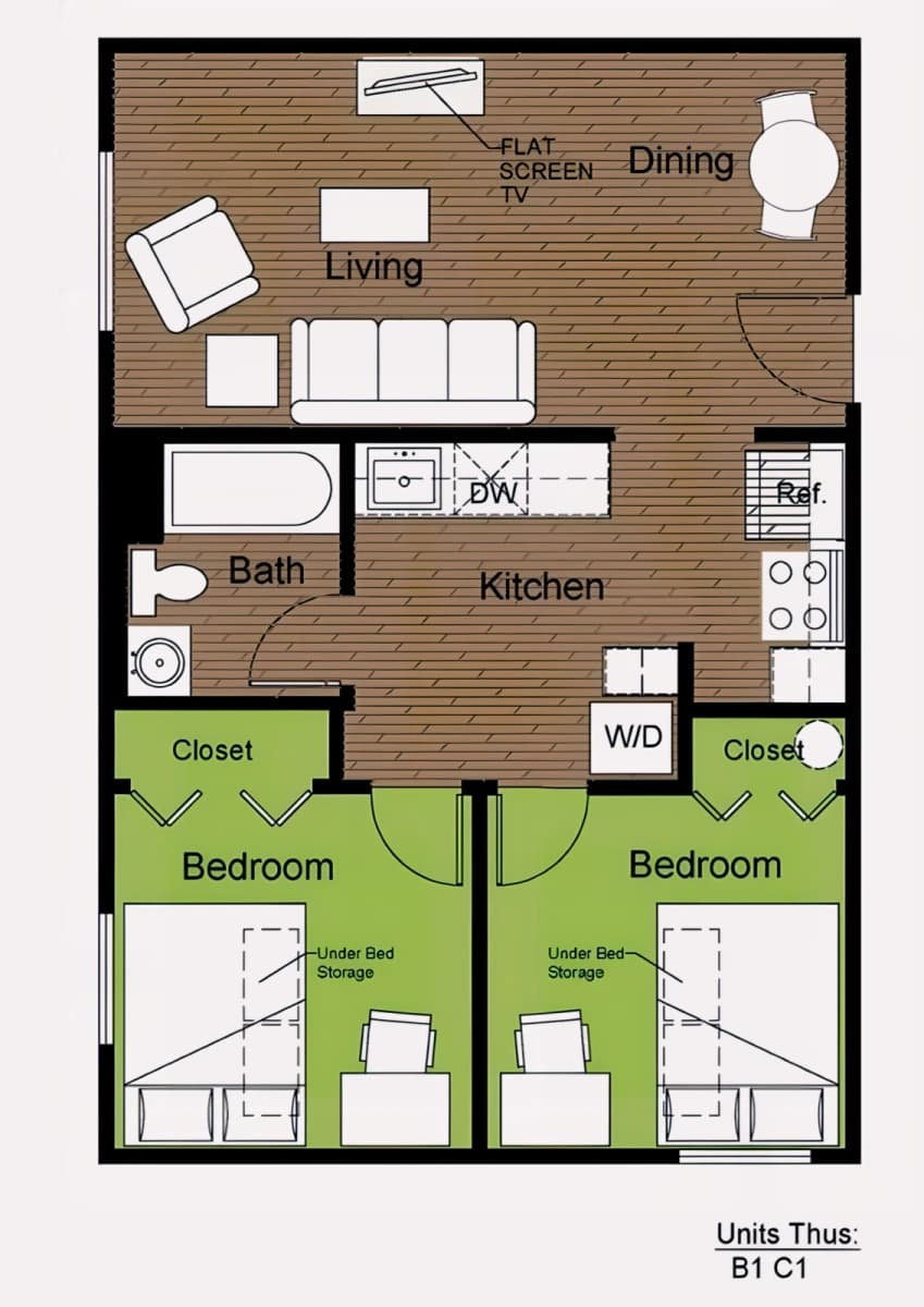 2Bedrooms, 1Bathrooms