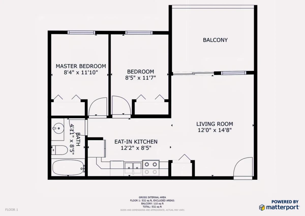 2Bedrooms, 1Bathrooms