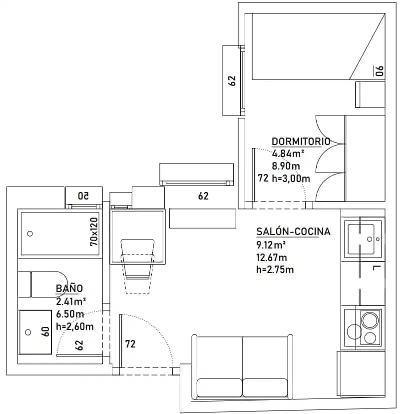 #169150: 1 Bedroom 1 Bathroom (Paseo De Las Delicias) - Floor Plan